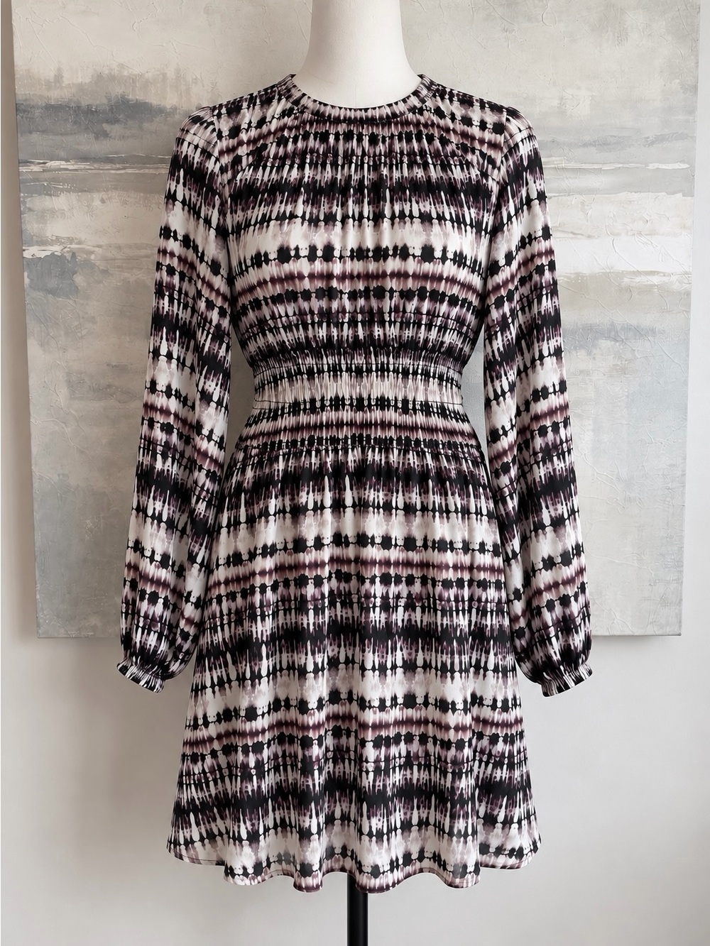 Bella Dahl Abstract‎ Tie Dye Long Sleeve Smocked Waist Dress Medium ECOVERA